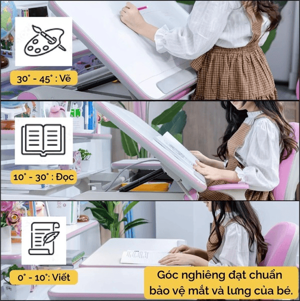 Bàn học thông minh với góc nghiêng đạt chuẩn bảo vệ mắt và lưng của bé