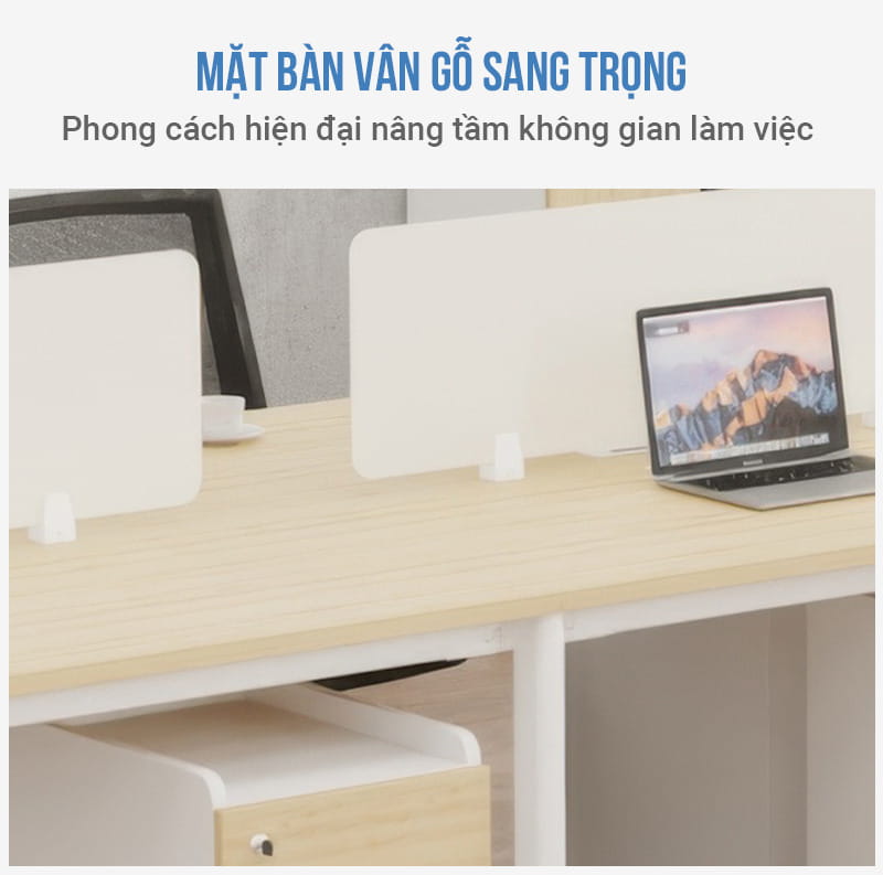 Cụm Bàn Làm Việc 8 Người Oval OVC01-4812 Khung Trắng: Mặt bàn vân gỗ sang trọng