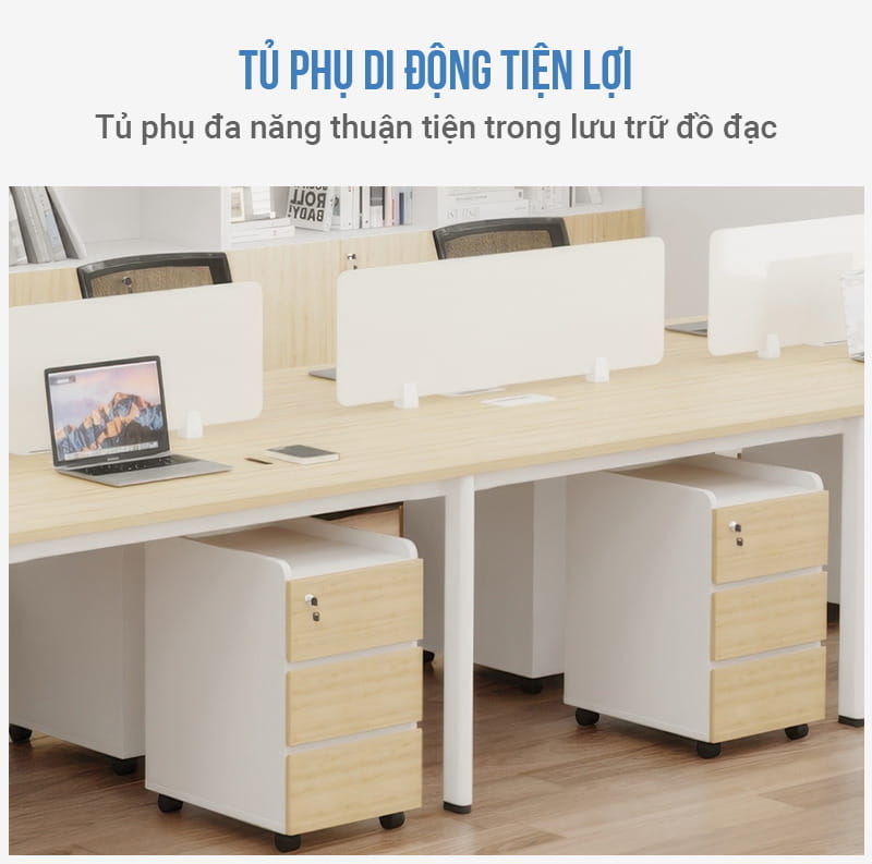 Cụm Bàn Làm Việc 8 Người Oval OVC01-4812 Khung Trắng: Tủ phụ di động tiện lợi